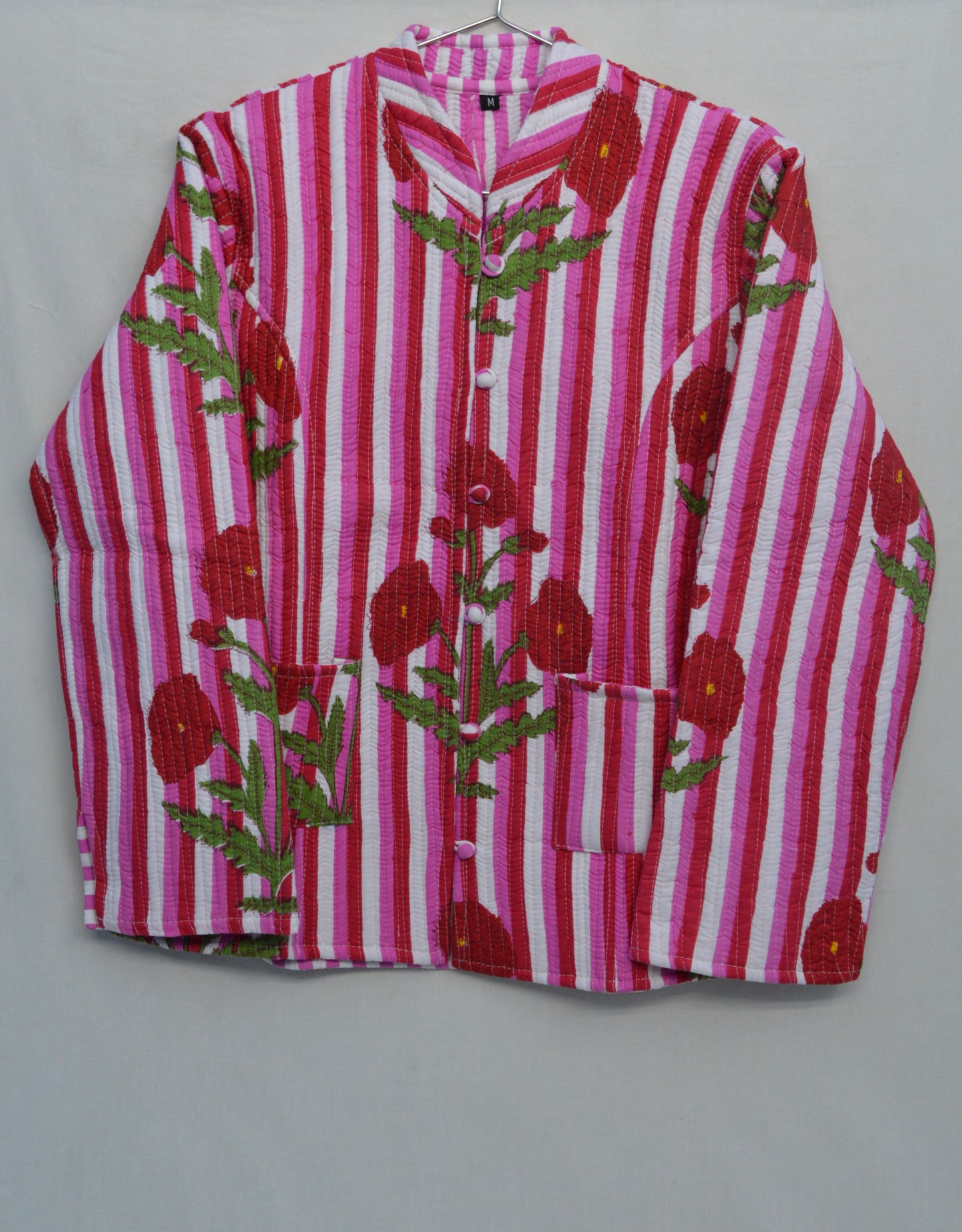 The Ritual – Striped Cotton Quilted Jacket for Women | Sacred Red Bloom & Rosewood Stripes | Kapas Earthshells Collection