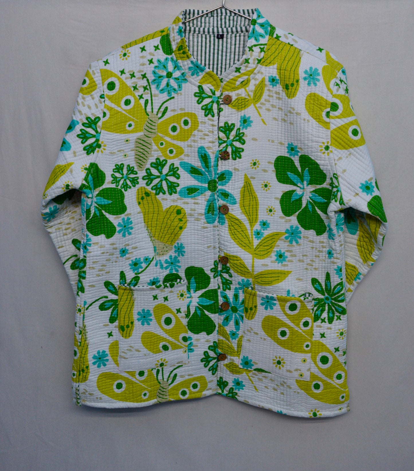 The Spark – Quilted Cotton Jacket for Women | Playful Meadow Print in Lime & Aqua | Kapas Earthshells Collection
