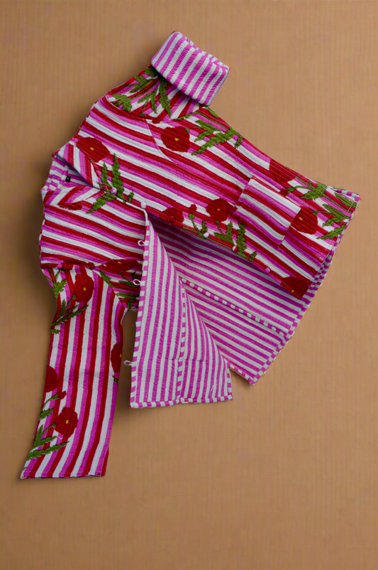 The Ritual – Striped Cotton Quilted Jacket for Women | Sacred Red Bloom & Rosewood Stripes | Kapas Earthshells Collection