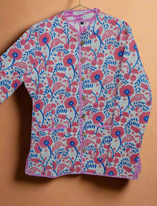 The Bloomline – Quilted Floral Cotton Jacket for Women | Soft Pink & Indigo | Kapas Earthshells Collection
