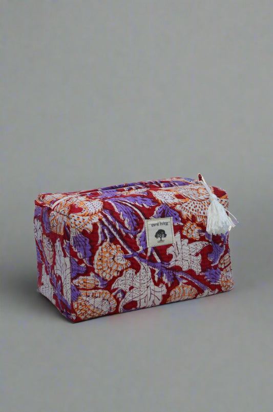 Crimson Flora | Cotton Pouch | Hand-Stamped Travel Essential