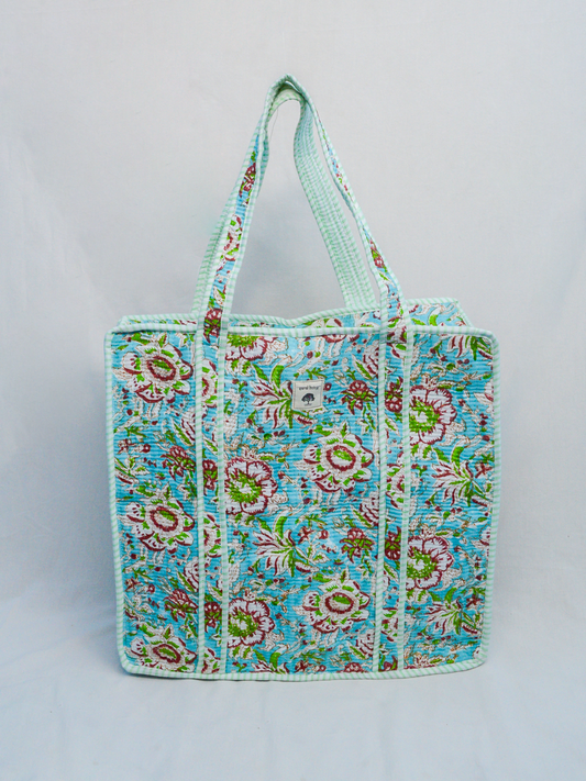 Azure Garden | Cotton Tote Bag | Hand-Stamped Cotton Carryall
