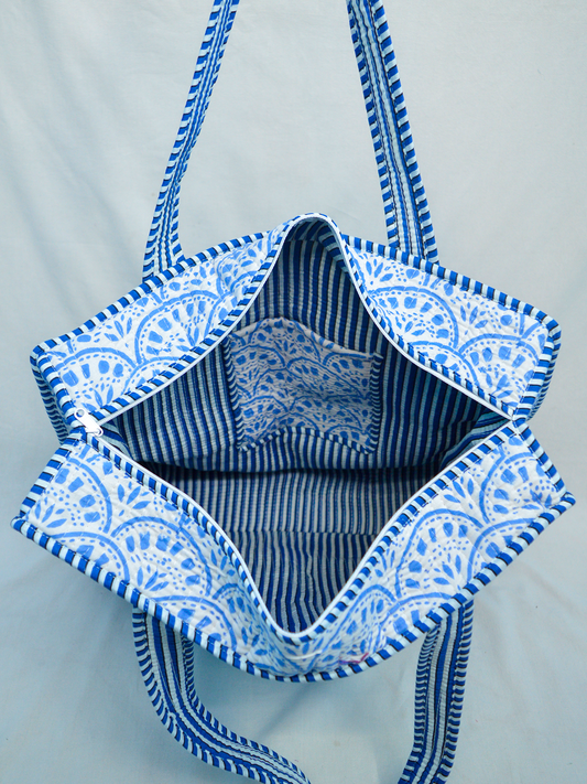 Santorini Tides | Cotton Tote Bag | Hand-Stamped Cotton Carryall