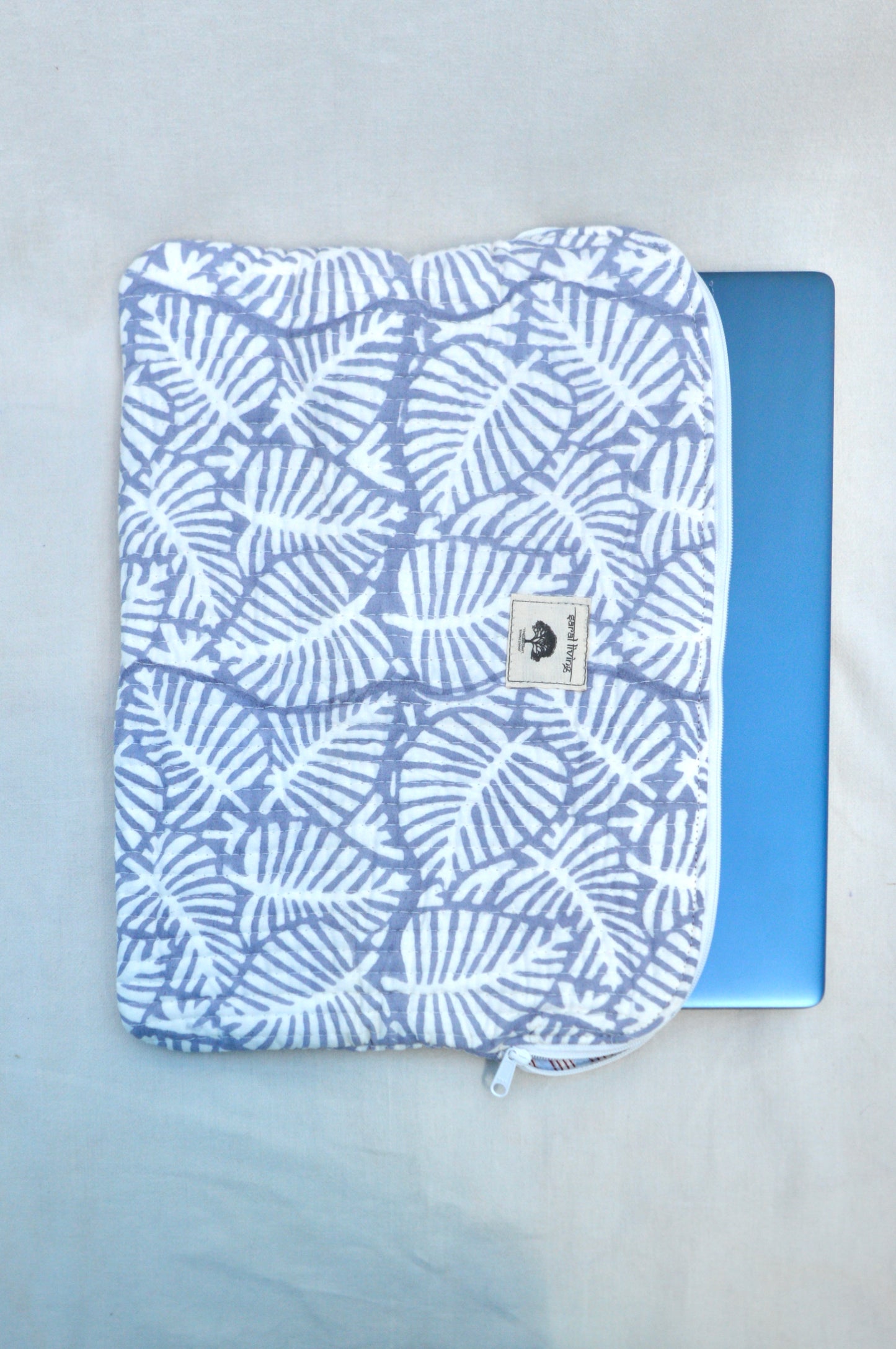 Blue Fern | Cotton Laptop Sleeve | Hand-Stamped Cotton Accessory