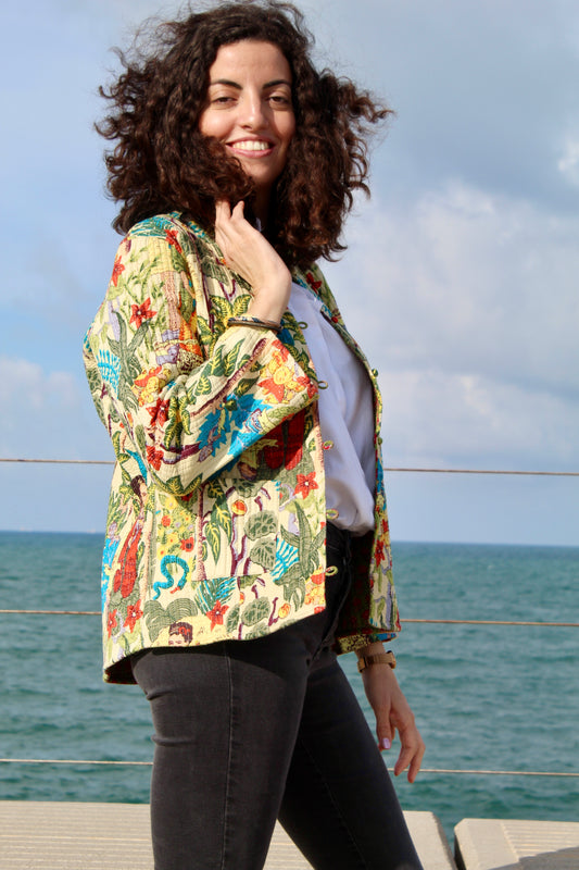 The Muse – Quilted Cotton Jacket for Women | Frida-Inspired Jungle Print | Kapas Earthshells Collection