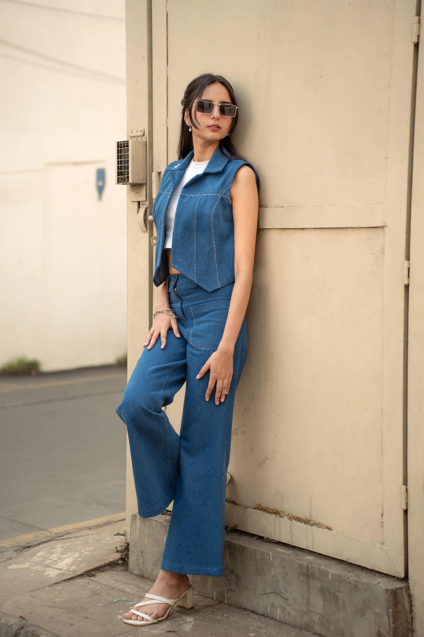 Indigo Denim Autumn Co-ord | Sleeveless Artisan Set – Sustainable Two-Piece Outfit