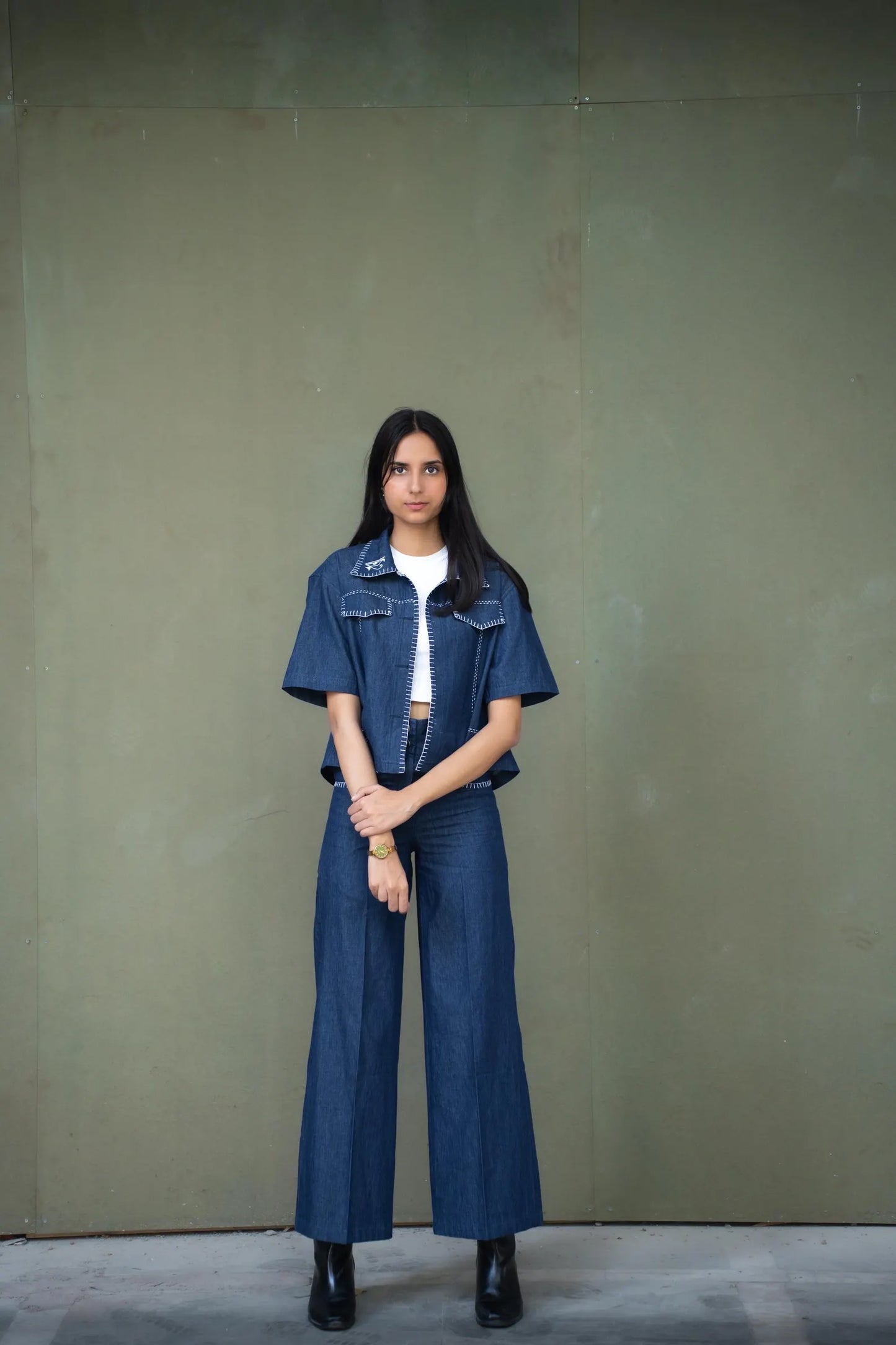 Midnight Draft | Indigo Denim Autumn Co-Ord Set | Indigo Two-Piece Outfit – Artisan Jacket & Pants