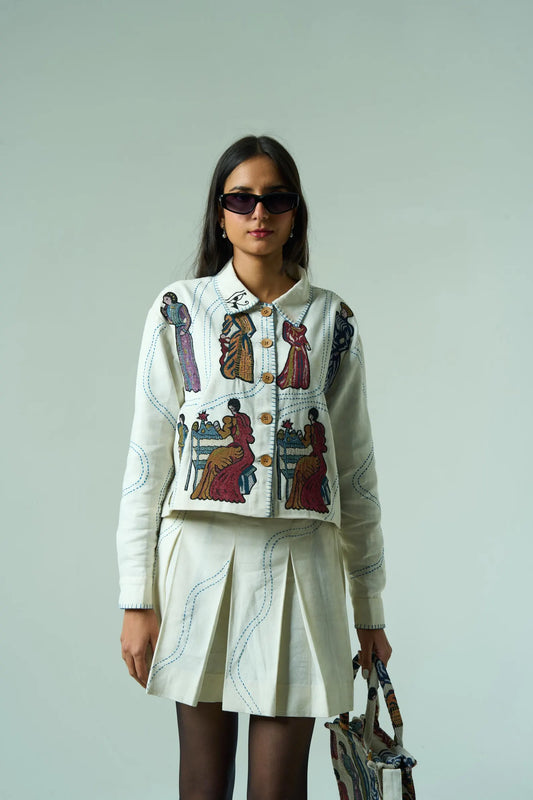 Embroidered White Autumn Co-ord Set | Cotton Jacquard Outfit – Artisan Festival Fashion, Luxury Boho Clothing