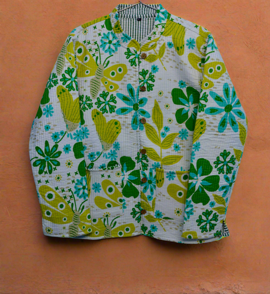 The Spark – Quilted Cotton Jacket for Women | Playful Meadow Print in Lime & Aqua | Kapas Earthshells Collection