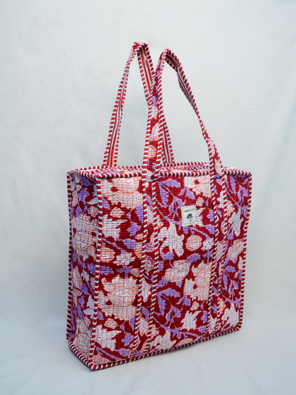 Flora Carmesí | Bolsa de algodón | Bolsa de mano de algodón estampada a mano