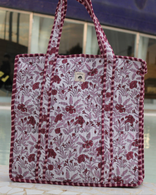 Burgundy Reverie | Bolsa de algodón | Bolso de mano de algodón estampado a mano