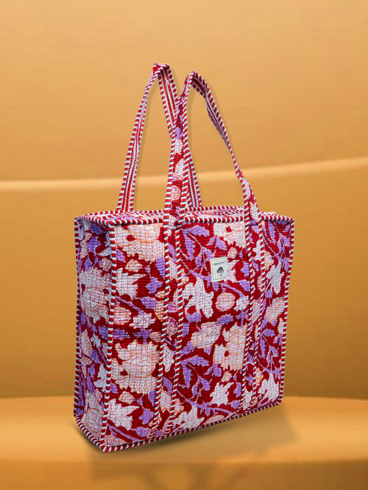 Flora Carmesí | Bolsa de algodón | Bolsa de mano de algodón estampada a mano