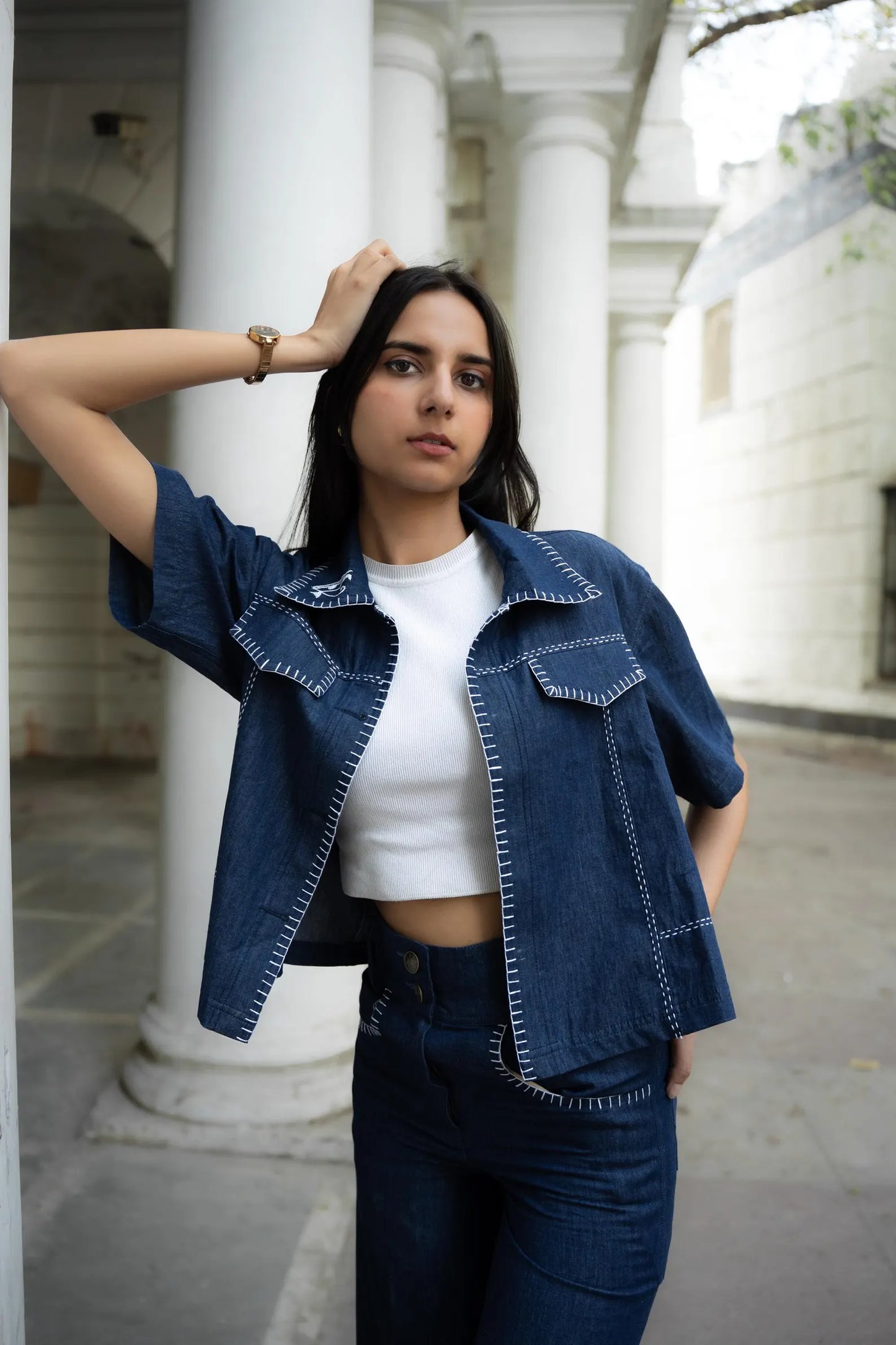 Midnight Draft | Indigo Denim Autumn Co-Ord Set | Indigo Two-Piece Outfit – Artisan Jacket & Pants