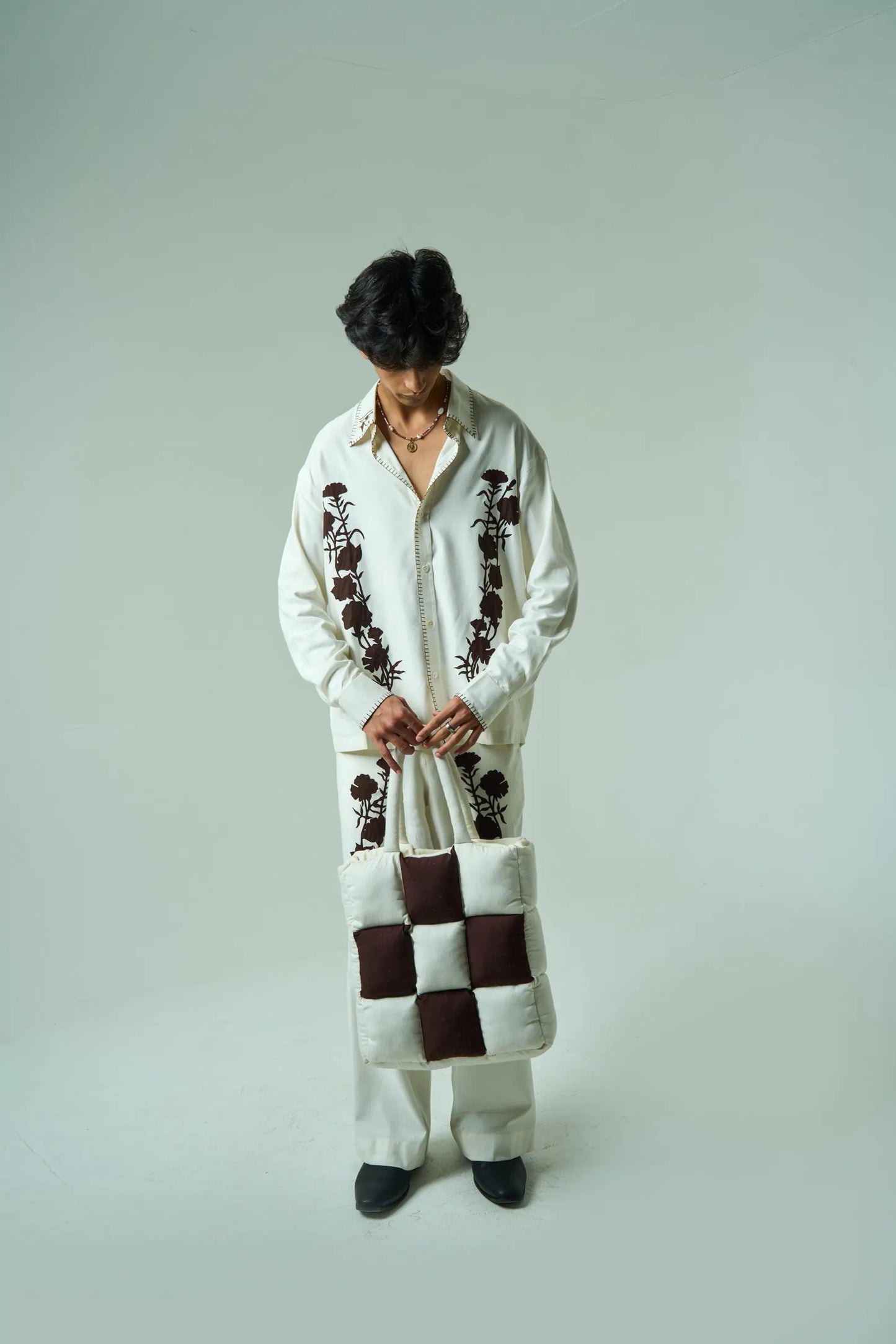 Maverick Garden | Men’s Embroidered Autumn Co-Ord Set | Cotton-Silk Checkerboard Two-Piece