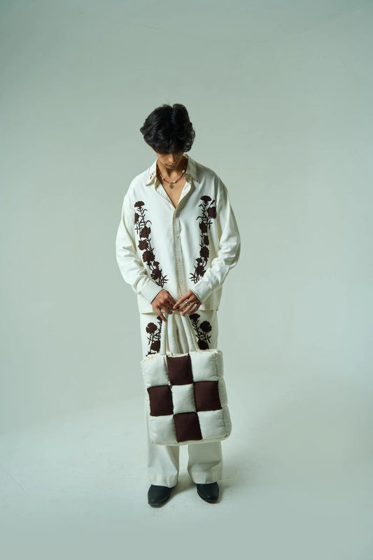 Maverick Garden | Men’s Embroidered Autumn Co-Ord Set | Cotton-Silk Checkerboard Two-Piece