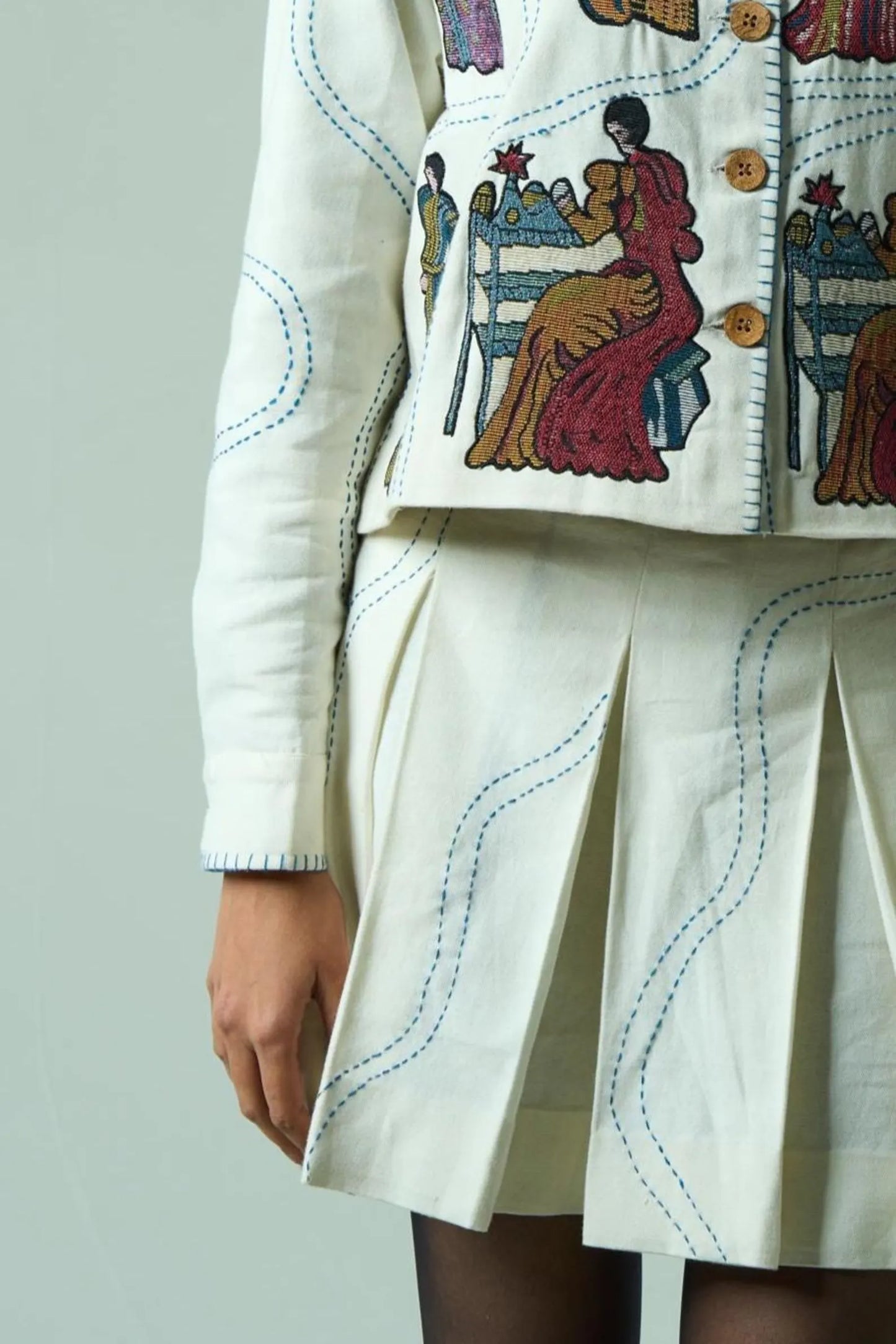 Embroidered White Autumn Co-ord Set | Cotton Jacquard Outfit – Artisan Festival Fashion, Luxury Boho Clothing