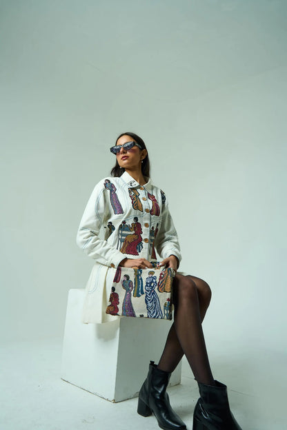 Embroidered White Autumn Co-ord Set | Cotton Jacquard Outfit – Artisan Festival Fashion, Luxury Boho Clothing