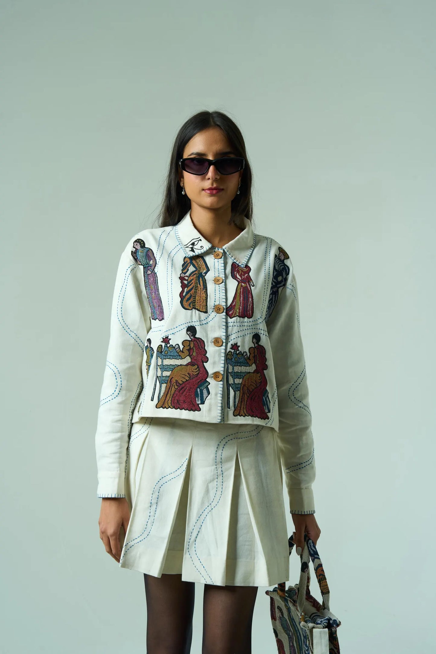 Embroidered White Autumn Co-ord Set | Cotton Jacquard Outfit – Artisan Festival Fashion, Luxury Boho Clothing