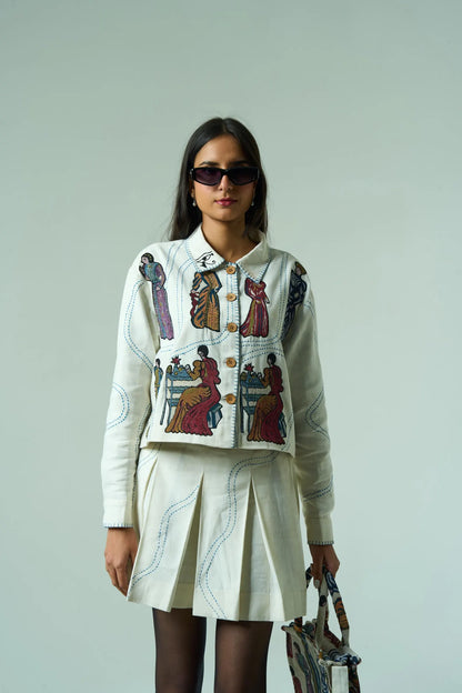 Embroidered White Autumn Co-ord Set | Cotton Jacquard Outfit – Artisan Festival Fashion, Luxury Boho Clothing