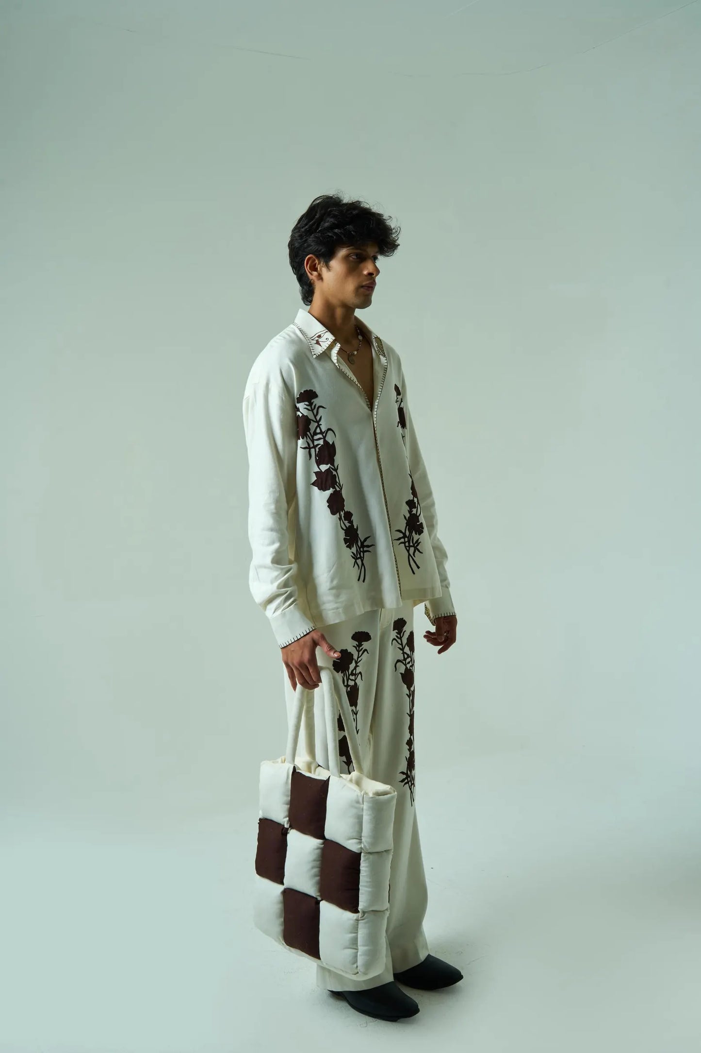 Maverick Garden | Men’s Embroidered Autumn Co-Ord Set | Cotton-Silk Checkerboard Two-Piece