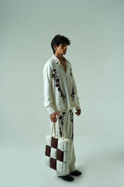 Maverick Garden | Men’s Embroidered Autumn Co-Ord Set | Cotton-Silk Checkerboard Two-Piece