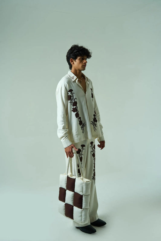 Maverick Garden | Men’s Embroidered Autumn Co-Ord Set | Cotton-Silk Checkerboard Two-Piece
